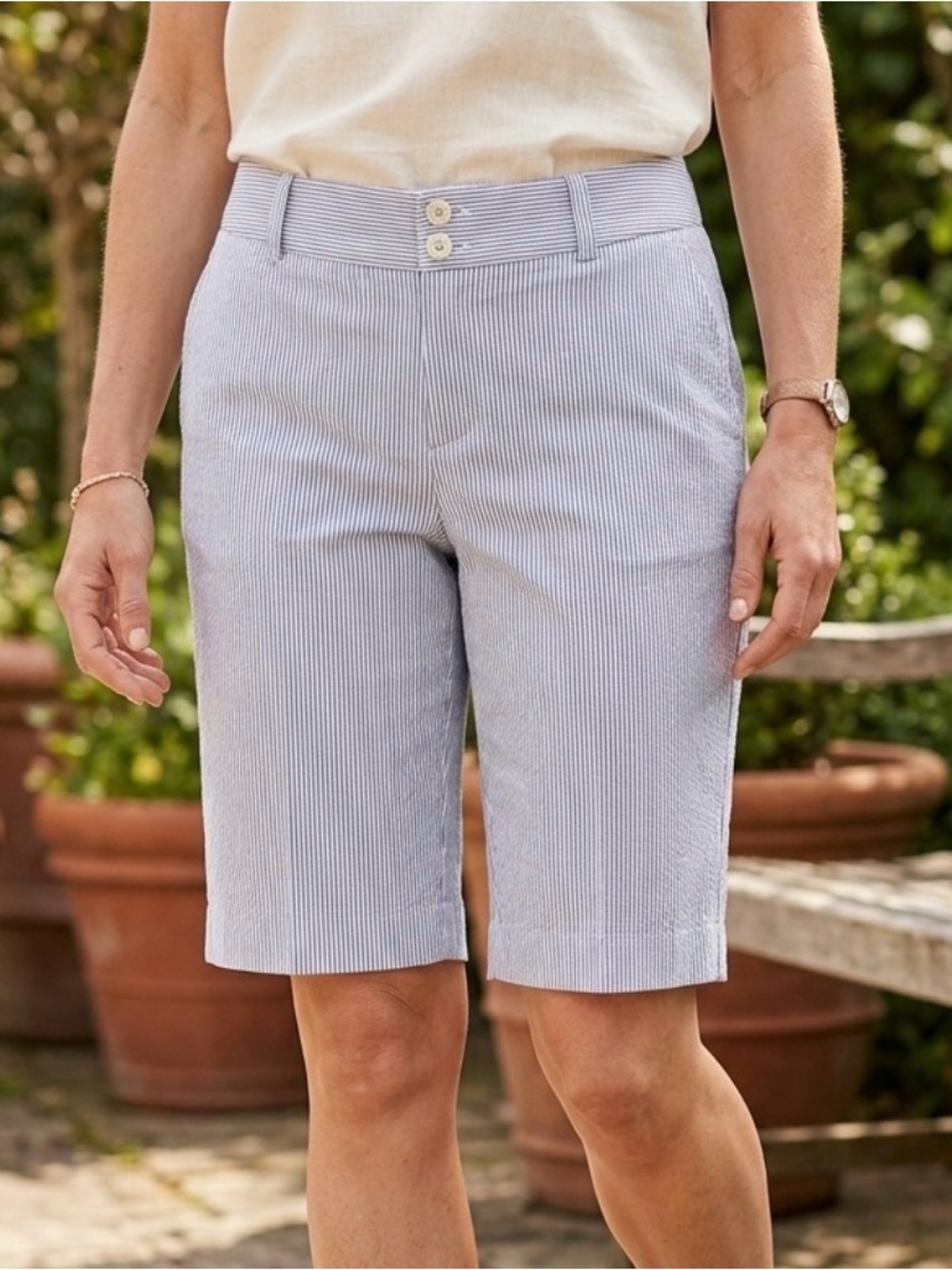 Lauren Ralph Lauren Light Blue Cotton Pinstripe Bermuda Shorts